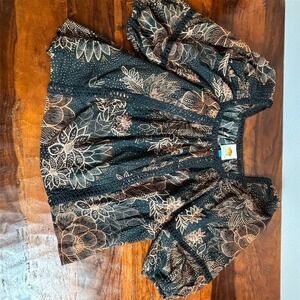 Farm Rio Women's Black Geometric Peasant Blouse Size L Bohemian Style